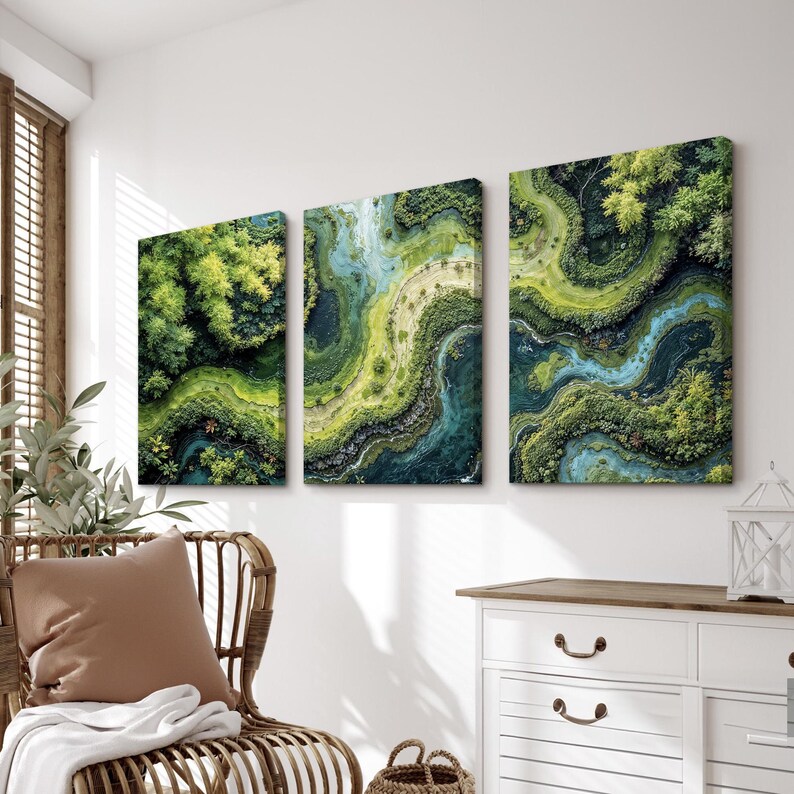 Aerial River Landscape Wall Art Set of 3 | Lush Green Forest Triptych ...