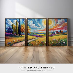 Vibrant Countryside Landscape Triptych Wall Art | Rustic Sunlit Fields, Rolling Hills, Colorful Wildflowers & Farmhouse Scene Canvas Prints