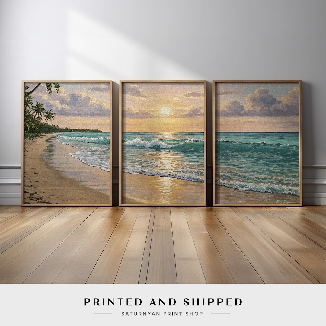 Beach Wall Art Set of 3 | Tropical Ocean Sunset Canvas Prints | Coastal ...