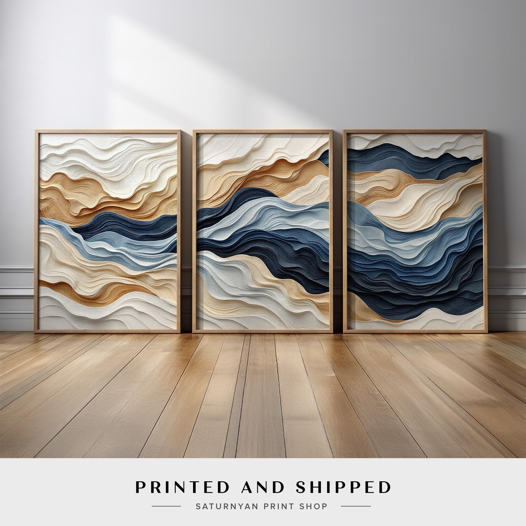 Neutral Ocean Wave Inspired Abstract Wall Art Set of 3 | Blue and Sand ...