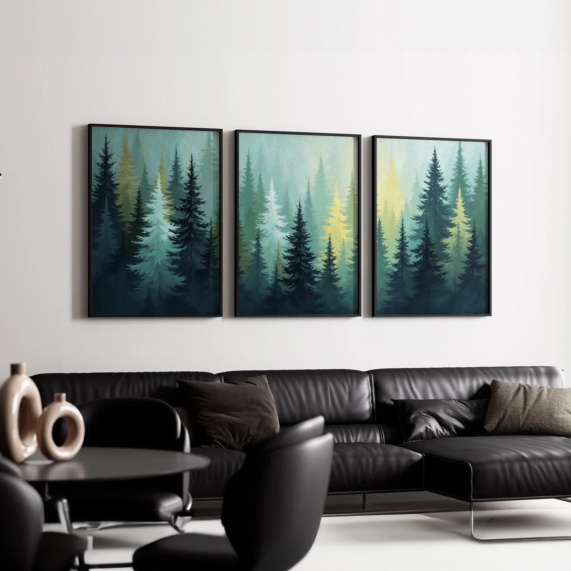 Misty Pine Forest Wall Art Set of 3 | Tranquil Tree Landscape Triptych ...