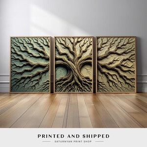 May include: Three framed art prints featuring a detailed tree design. The artwork has a textured appearance with a color palette of greens, browns, and tans. The frames are a light wood color. The text "PRINTED AND SHIPPED" is at the bottom.