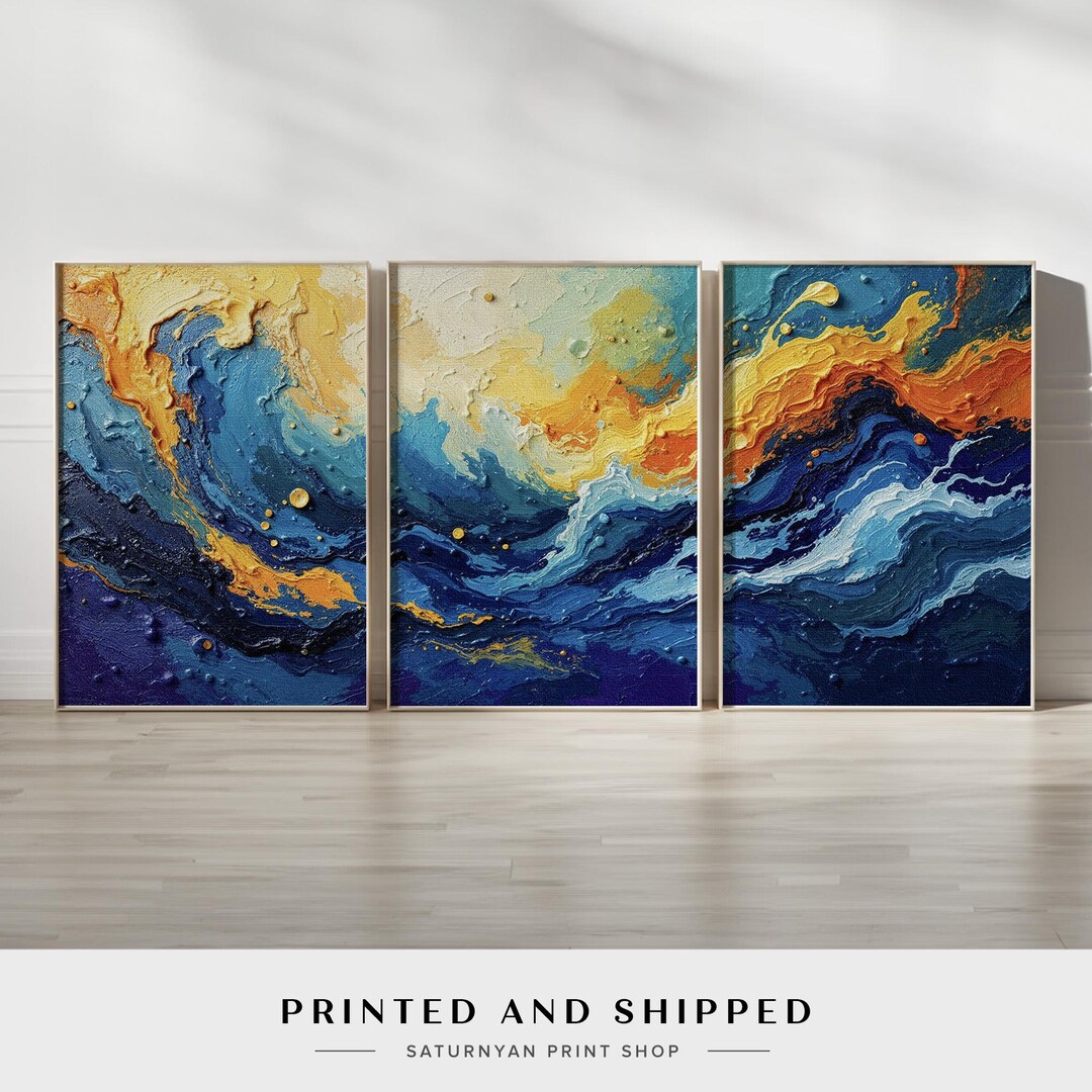 Vibrant Ocean Wave Canvas Wall Art | Set of 3 Blue Gold Abstract Swirl ...