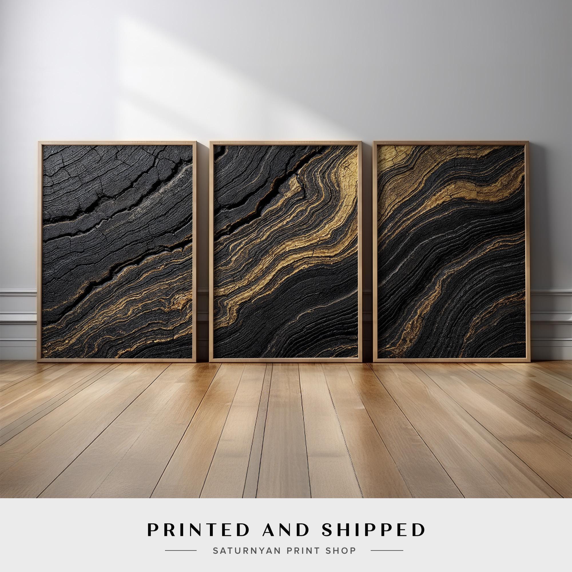 Black and Gold Abstract Wall Art Set of 3 | Modern Wave Pattern Canvas ...