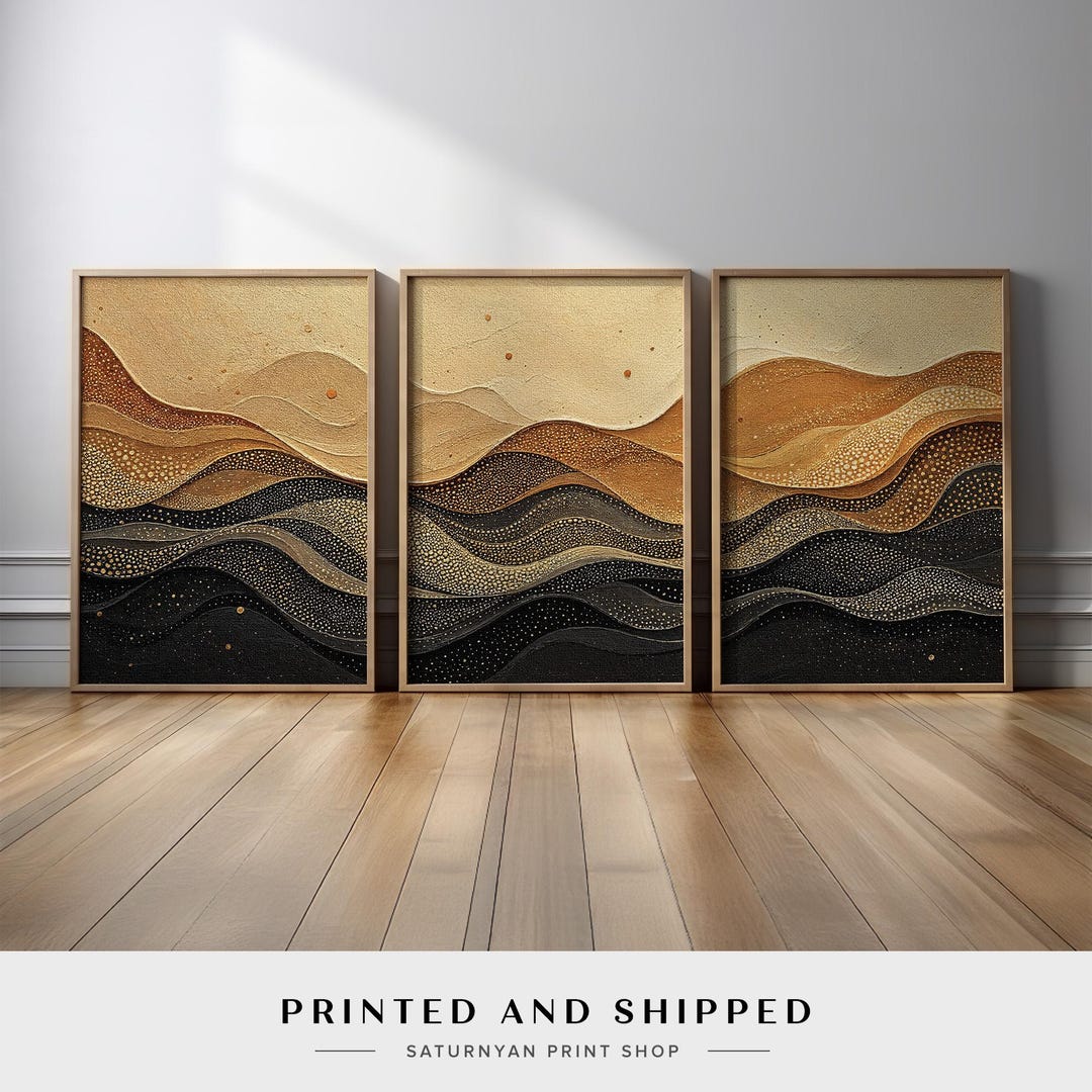 Neutral Abstract Wall Art Set of 3 | Beige Black and Gold Canvas Prints ...