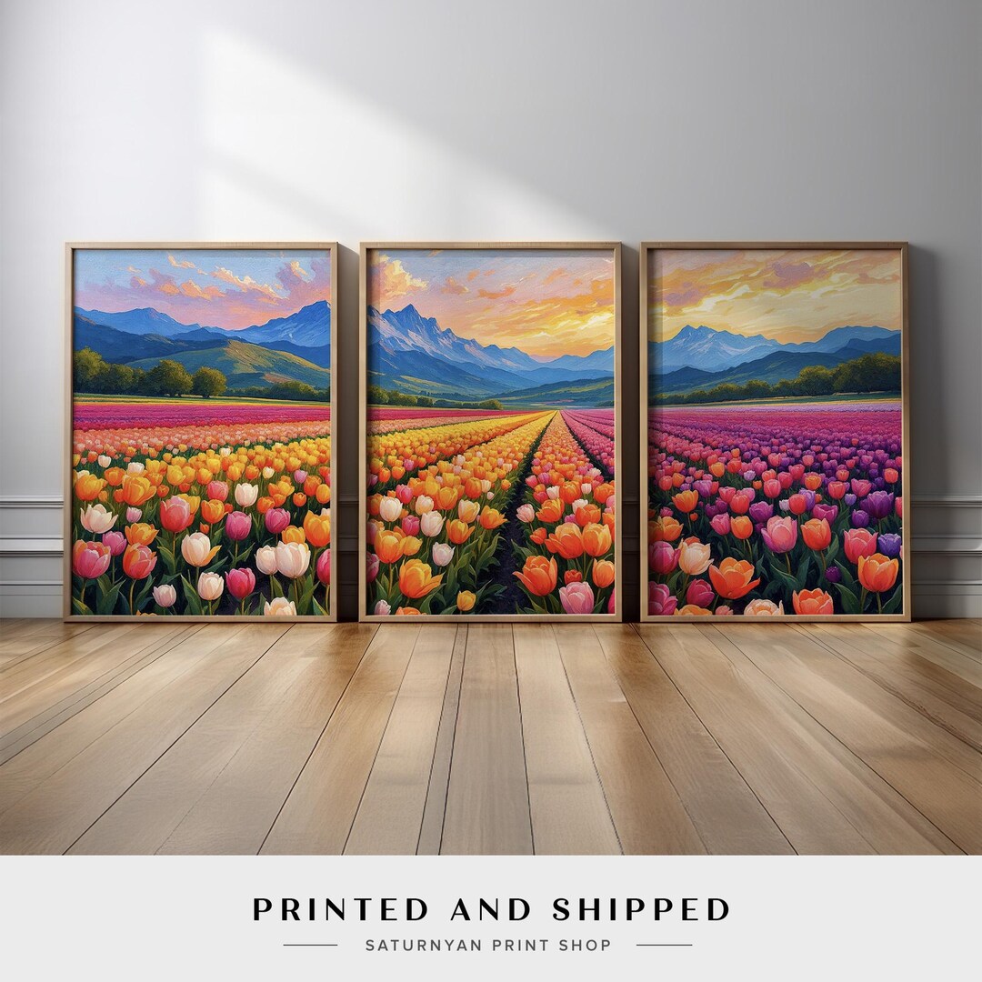 Bright Floral Wall Art Set of 3 | Tulip Fields Under Glowing Sunset ...