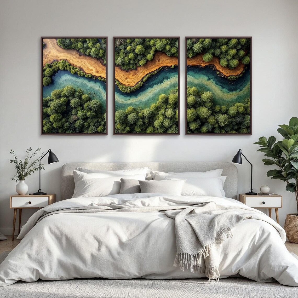 Aerial Forest River Wall Art Set of 3 | Green Tree and Blue Water ...