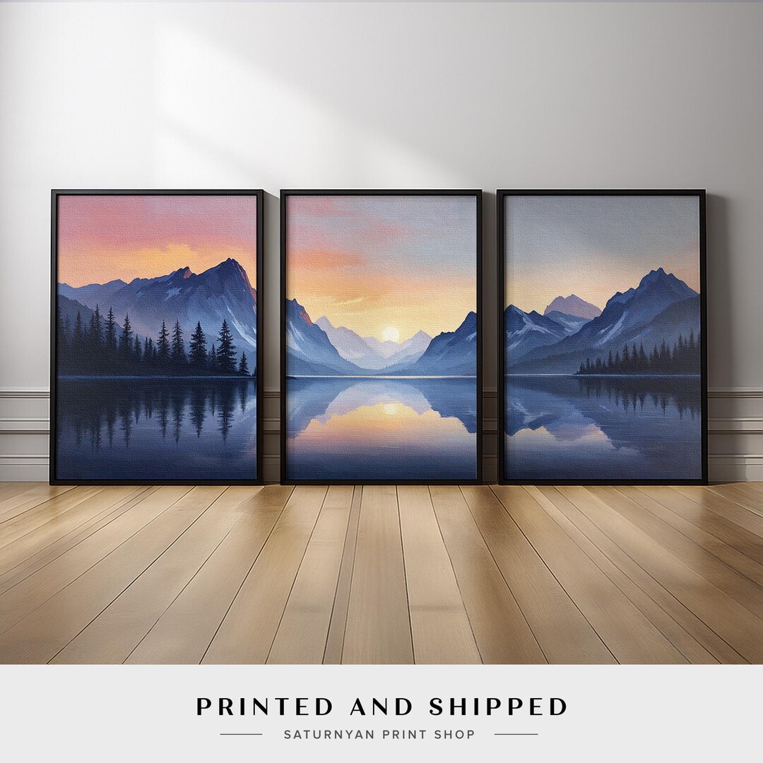 Mountain Wall Art Set of 3 | Serene Lake Sunrise Canvas Prints | Calm ...