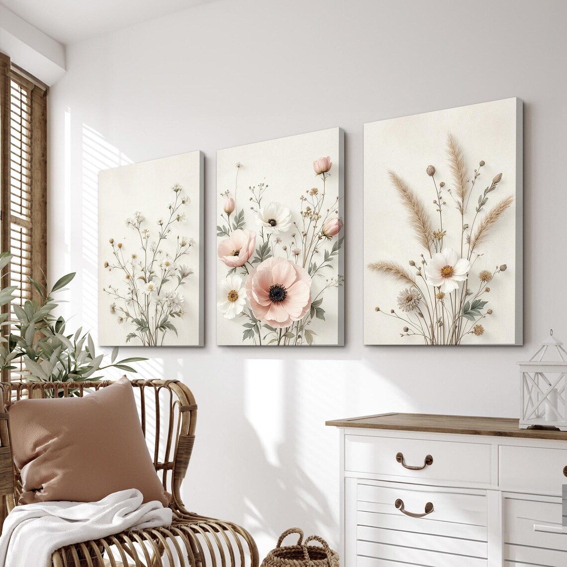 Neutral Elegant Floral Wall Art – Minimalist Beige and Blush Botanical ...