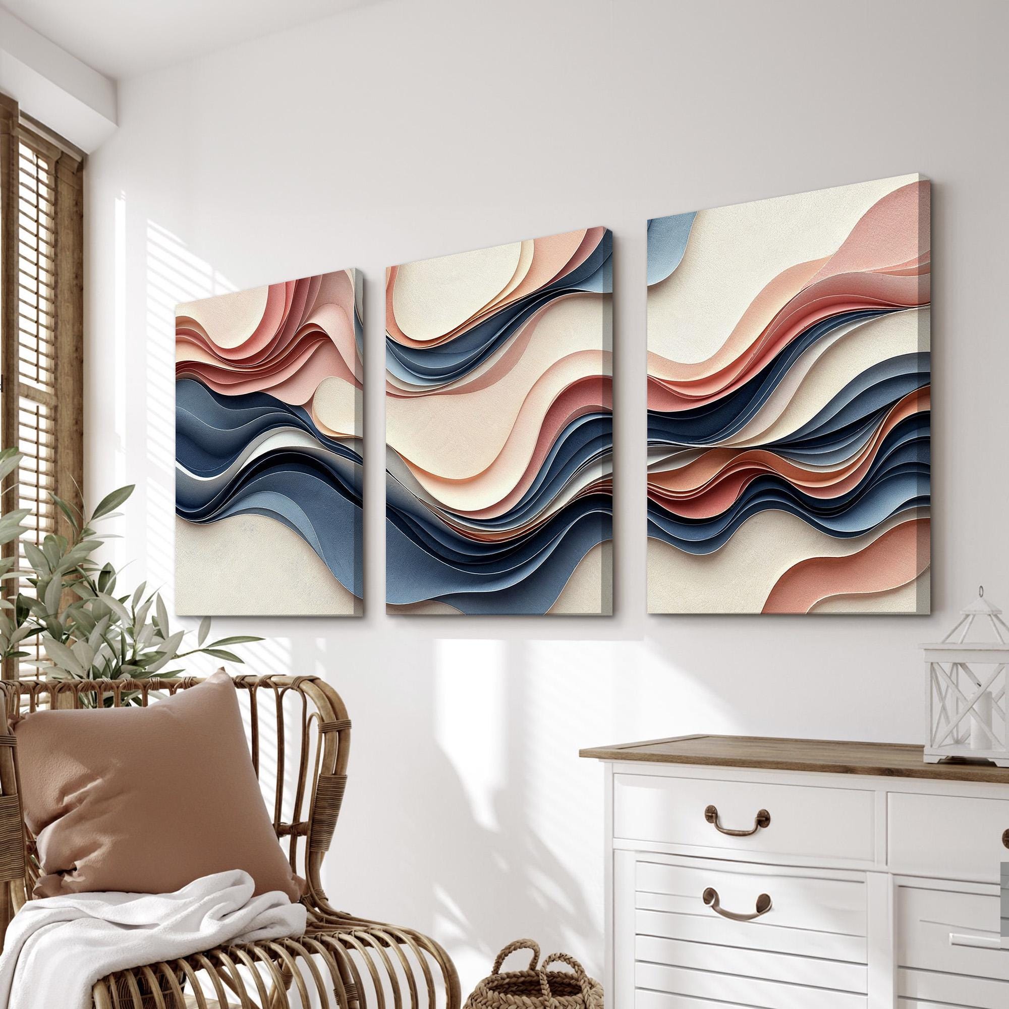 Abstract Wall Art Set of 3 | Neutral Beige Blush and Blue Flowing ...