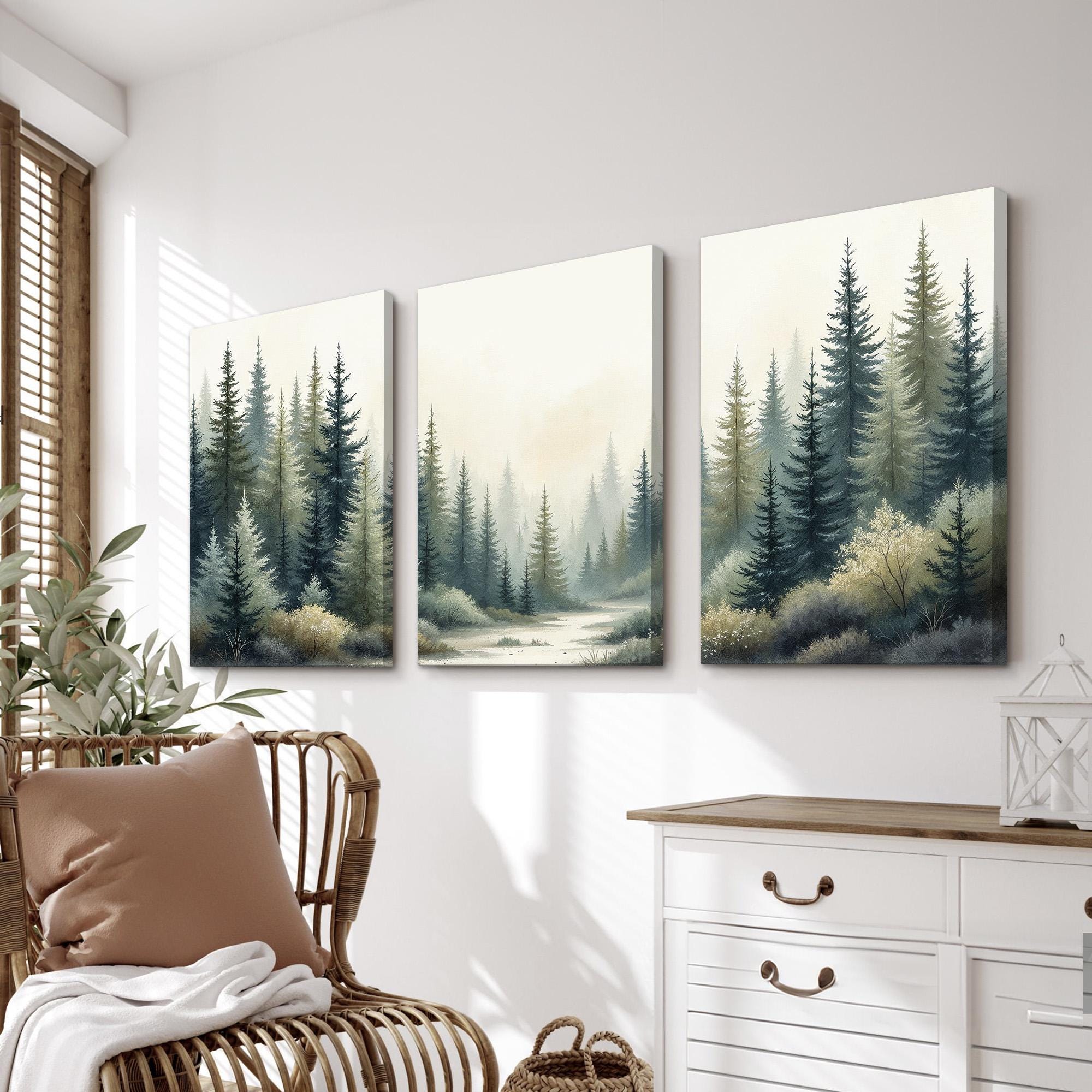 Forest Wall Art Set of 3 | Misty Pine Tree Landscape Triptych | Neutral ...