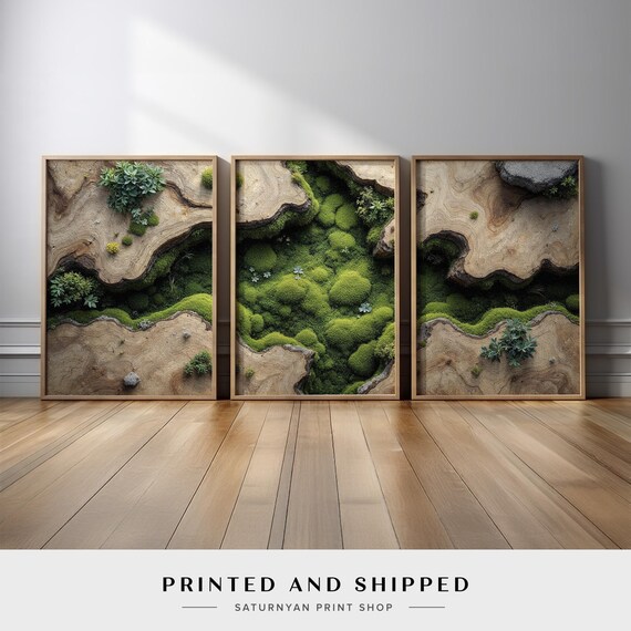 Moss Forest Wall Art Set of 3 | Nature Inspired Wood Triptych With