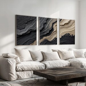 Abstract Black and Beige Wall Art Set of 3 Modern Textured Geometric ...