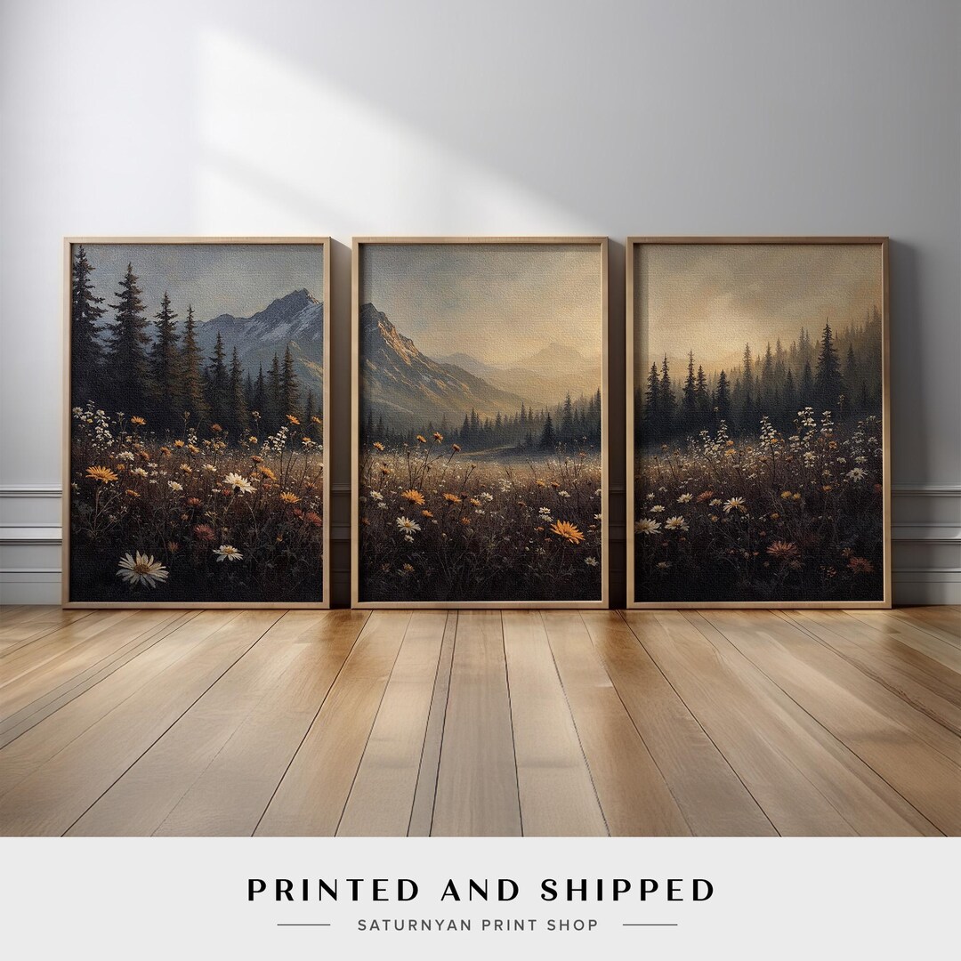 Rustic Wildflower and Mountain Wall Art Triptych | Golden Hour ...