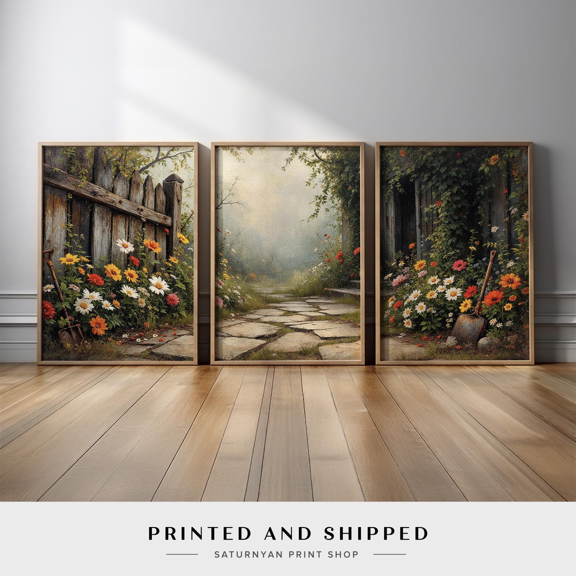 Cottagecore Wall Art Triptych | Rustic Garden Pathway Canvas Prints ...