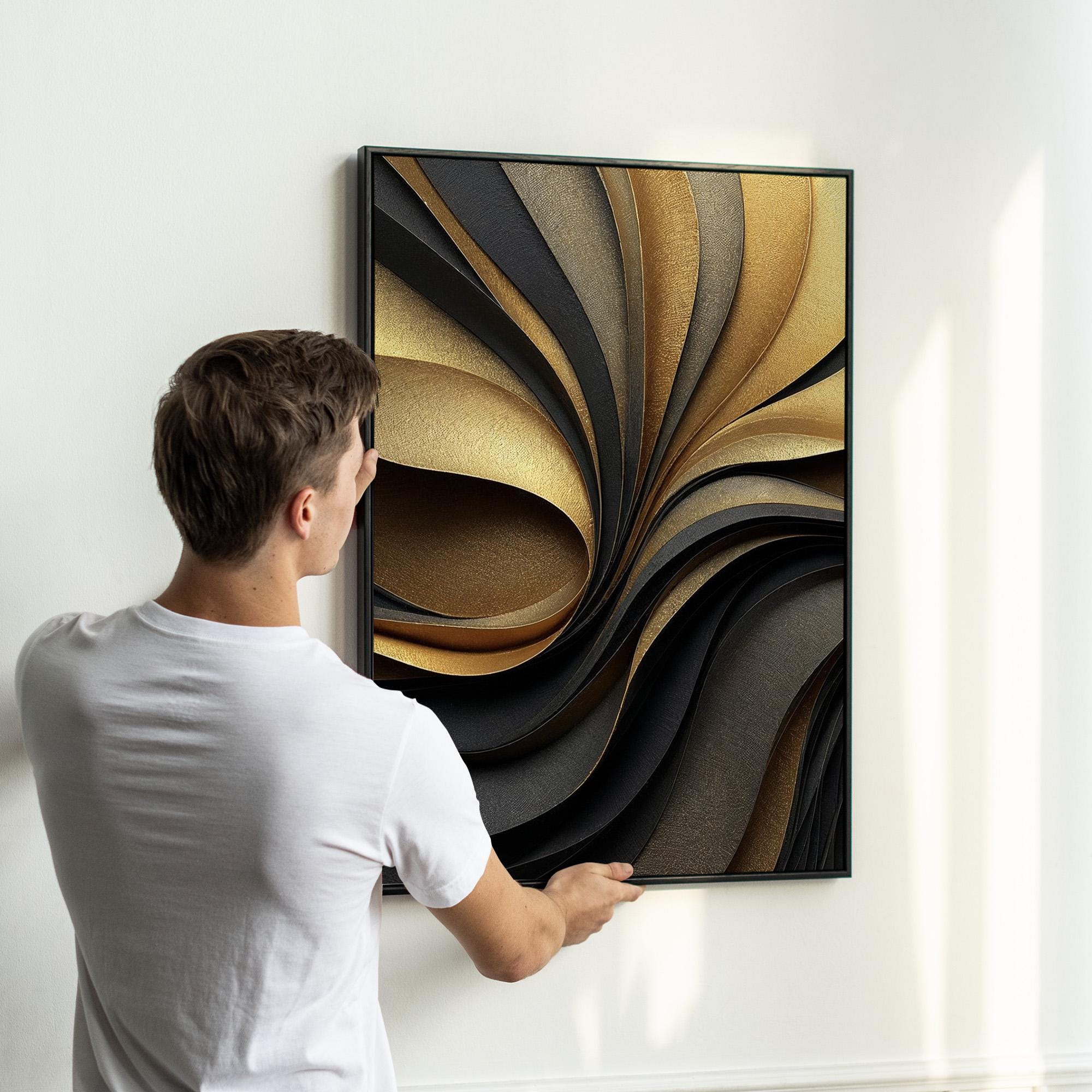 Black and Gold Abstract Wall Art Set of 3, Luxury Wave Pattern Prints ...