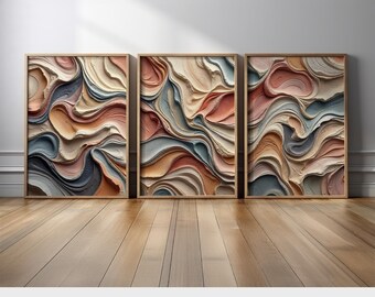 Abstract Earthy Wave Wall Art Set of 3 | Neutral Blush, Blue, and Beige Canvas Prints | Modern Organic Topographic Decor for Living Room
