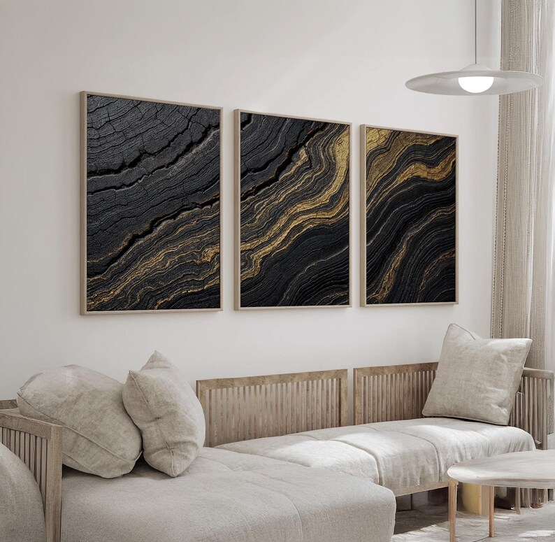 Black and Gold Abstract Wall Art Set of 3 | Modern Wave Pattern Canvas ...