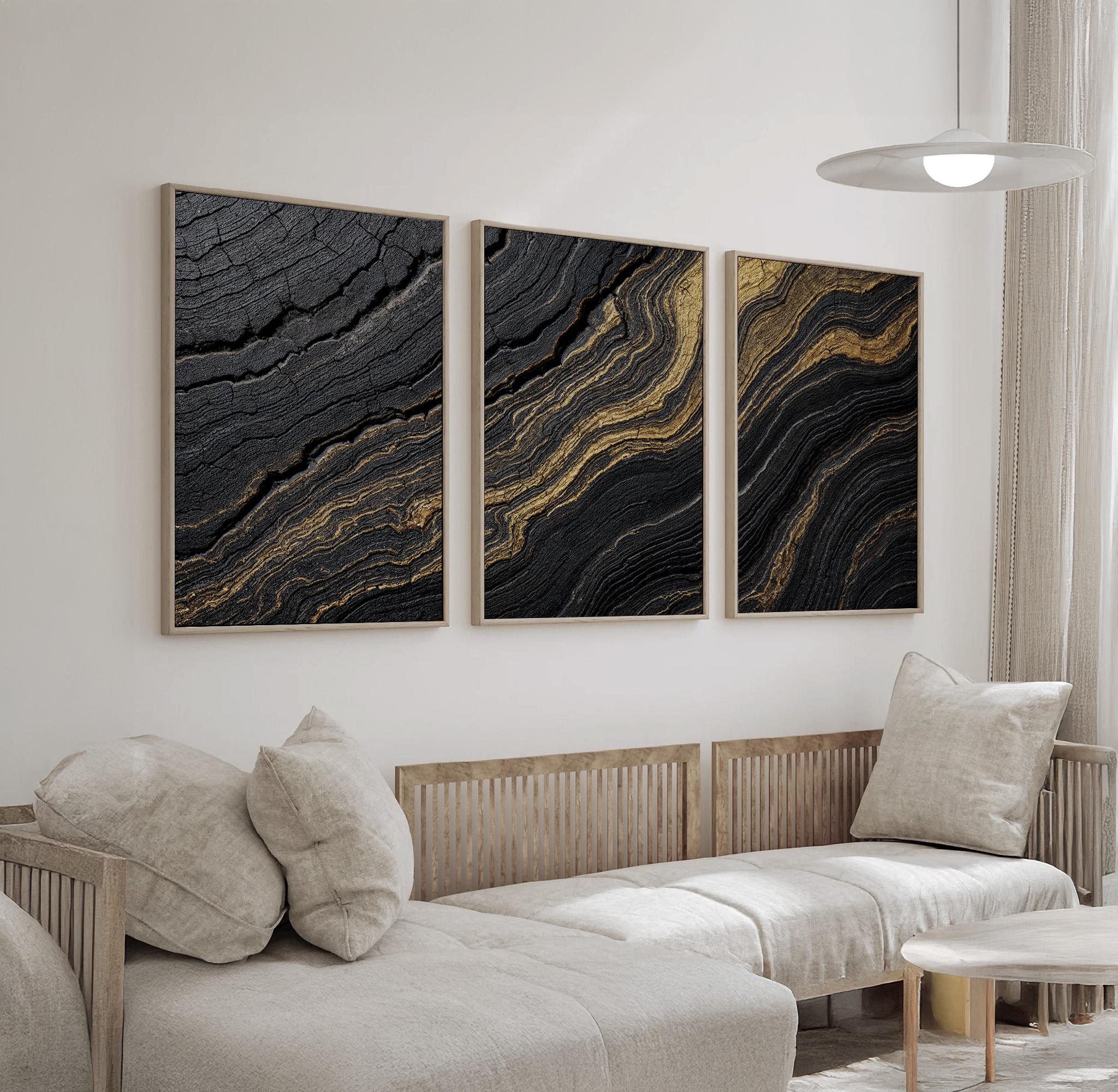 Black and Gold Abstract Wall Art Set of 3 | Modern Wave Pattern Canvas ...