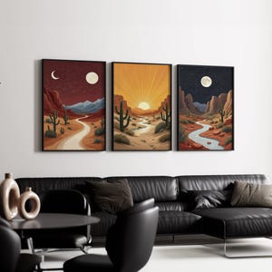 Desert Landscape Wall Art Set of 3 | Cactus Canyon With Sun and Moon ...