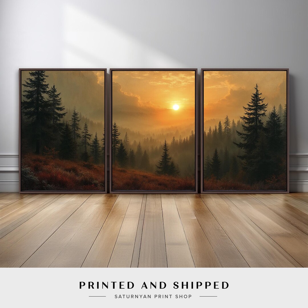 Forest Sunset Triptych Wall Art Set of 3 | Moody Pine Tree Landscape ...