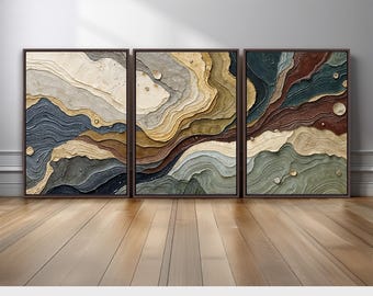 Abstract Triptych Wall Art Set of 3 | Geological Canyon Inspired Canvas Prints with Earth Tone Layers in Beige, Olive, Brown, and Gray