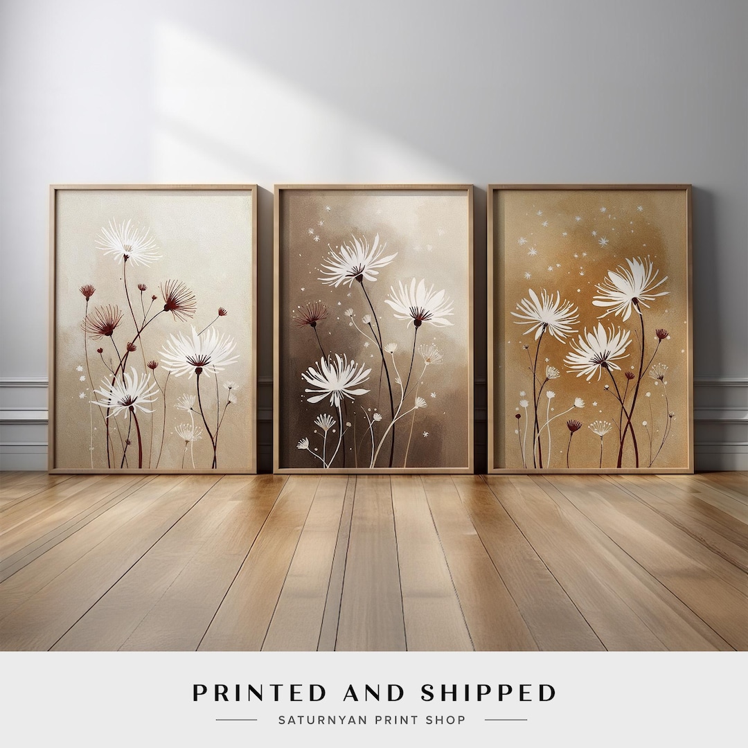 Neutral Floral Wall Art Triptych, Beige and Brown Set of 3 Flower ...