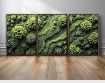 Aerial Forest Wall Art Set of 3 | Green Tree Landscape Canvas Prints with Winding River | Nature Inspired Artwork for Eco Home Interiors