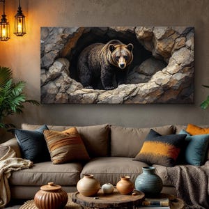 Grizzly Bear Wall Art, Realistic Wildlife Canvas Print, Bear in Rocky Cave Artwork, Rustic Cabin Decor, Nature Wall Art, Forest Animal Decor