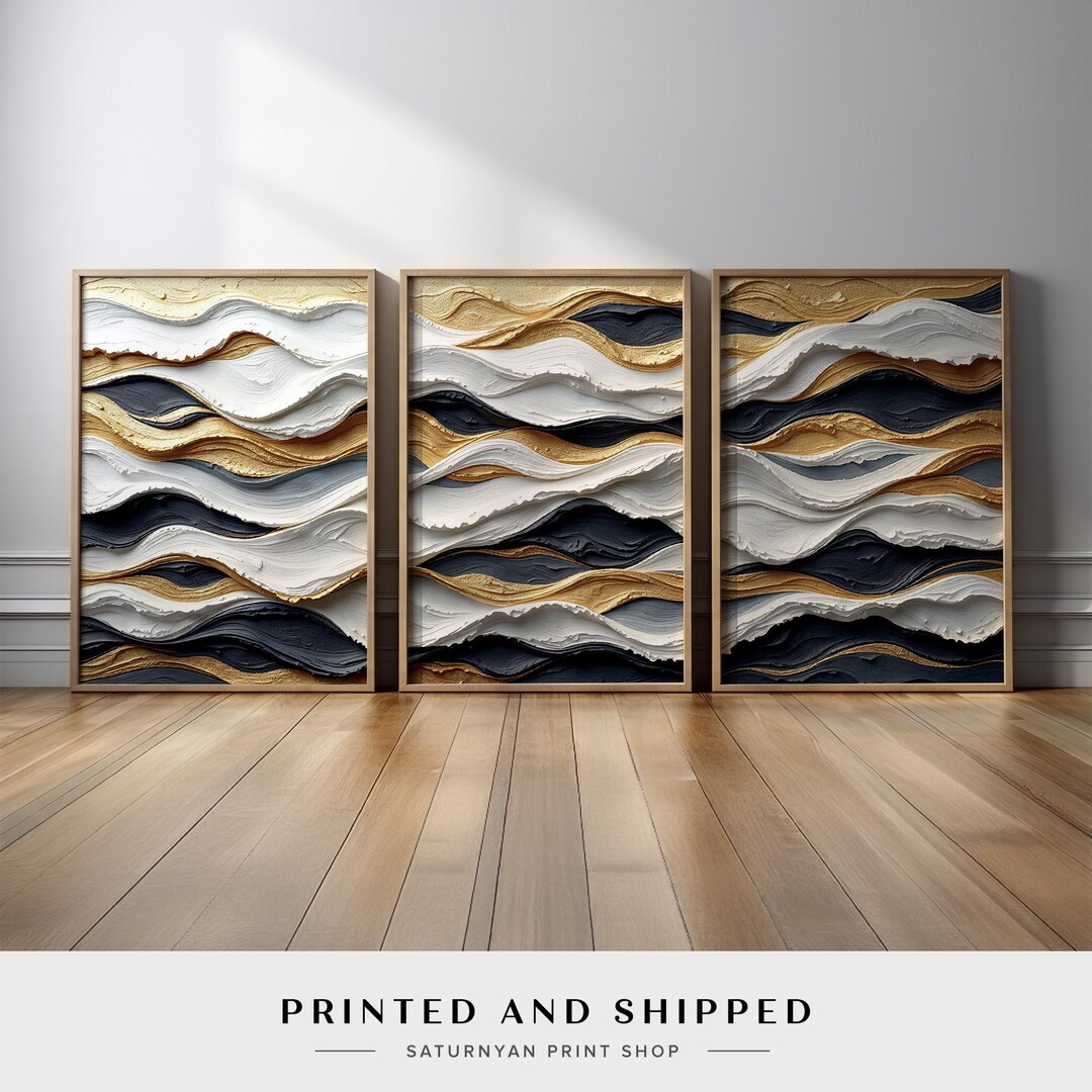 Luxury Abstract Wave Wall Art | Set of 3 Canvas Prints in Black, White ...