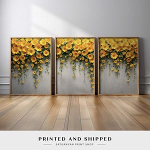 Modern Botanical Floral Set of 3 Wall Art | Yellow Cascading Flowers with Greenery on Neutral Gray Canvas Print | Nature-Inspired Wall Decor