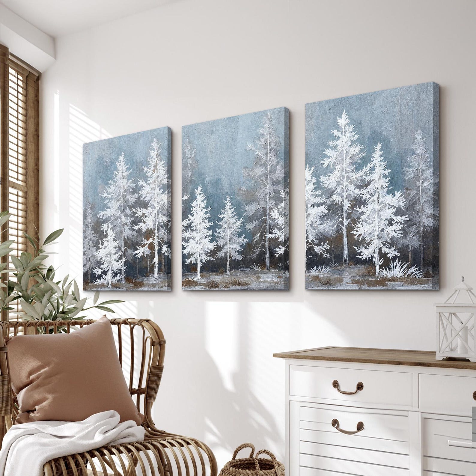 Snowy Landscape Wall Art Set of 3 | White Pine Tree Triptych Canvas ...