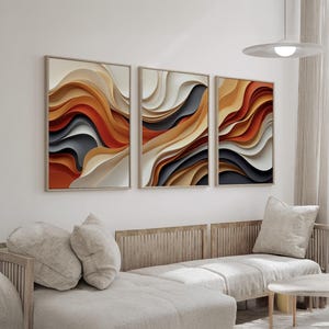 Terracotta & Beige Abstract Wall Art Set | 3 Panel Flowing Wave Canvas ...