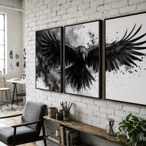 Raven Wall Art Set of 3 | Black and White Ink Splash Canvas Prints with Crow Wings Spread | Gothic Abstract Triptych for Modern Decor image 9