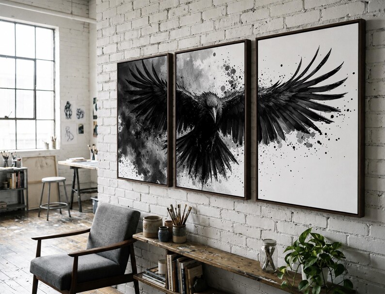 Raven Wall Art Set of 3 | Black and White Ink Splash Canvas Prints with Crow Wings Spread | Gothic Abstract Triptych for Modern Decor image 9