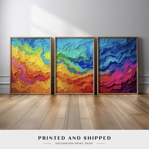 Color Burst Abstract Triptych | Vibrant Multicolor Wall Art | Modern Wave Painting for Contemporary & Creative Spaces | Canvas/Poster Print
