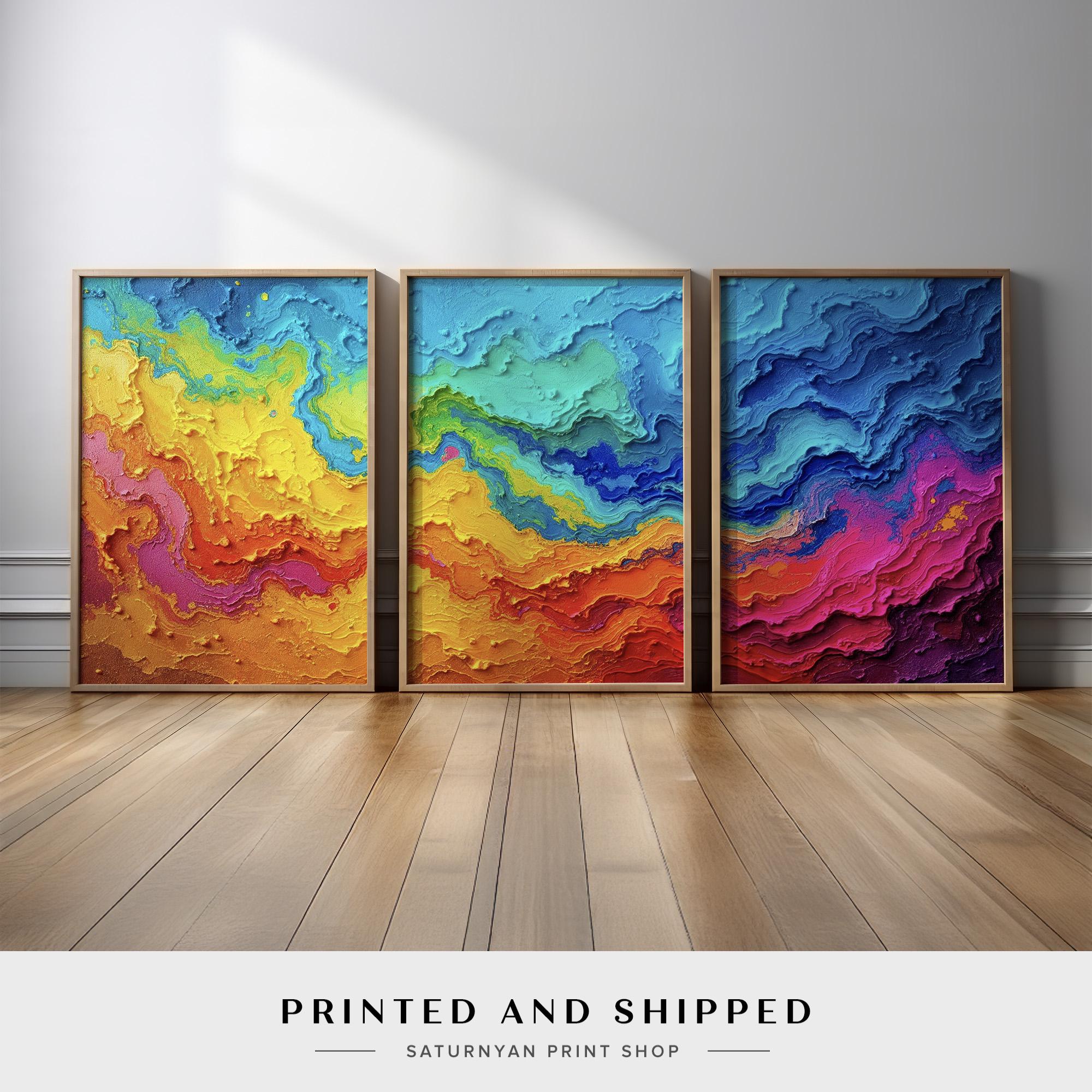Color Burst Abstract Triptych | Vibrant Multicolor Wall Art