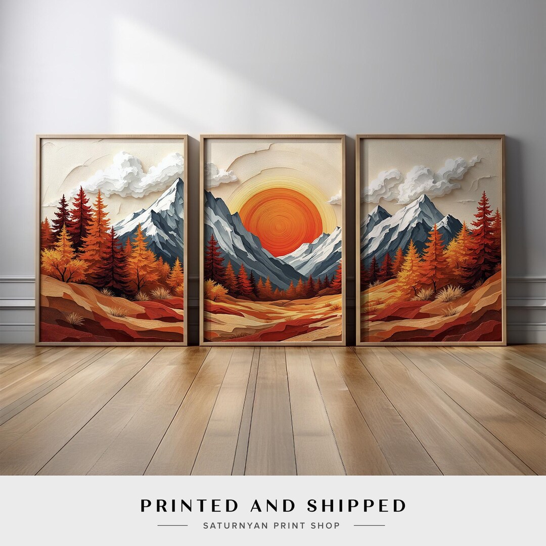 Mountain Sunset Wall Art | Set of 3 Bold Autumn Landscape Canvas Prints ...