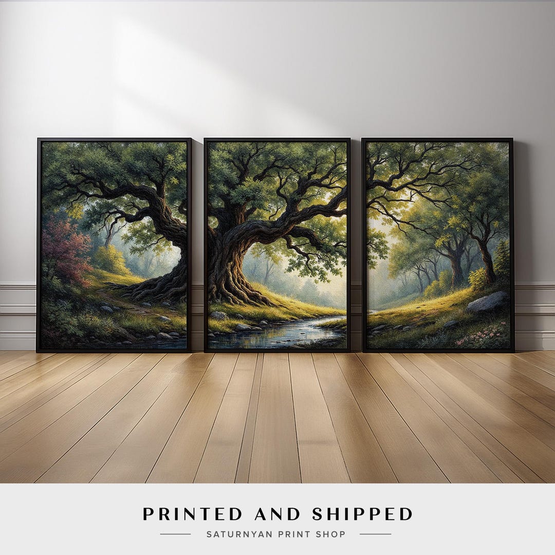 Majestic Oak Tree Wall Art Set of 3 | Sunlit Forest Stream Canvas ...