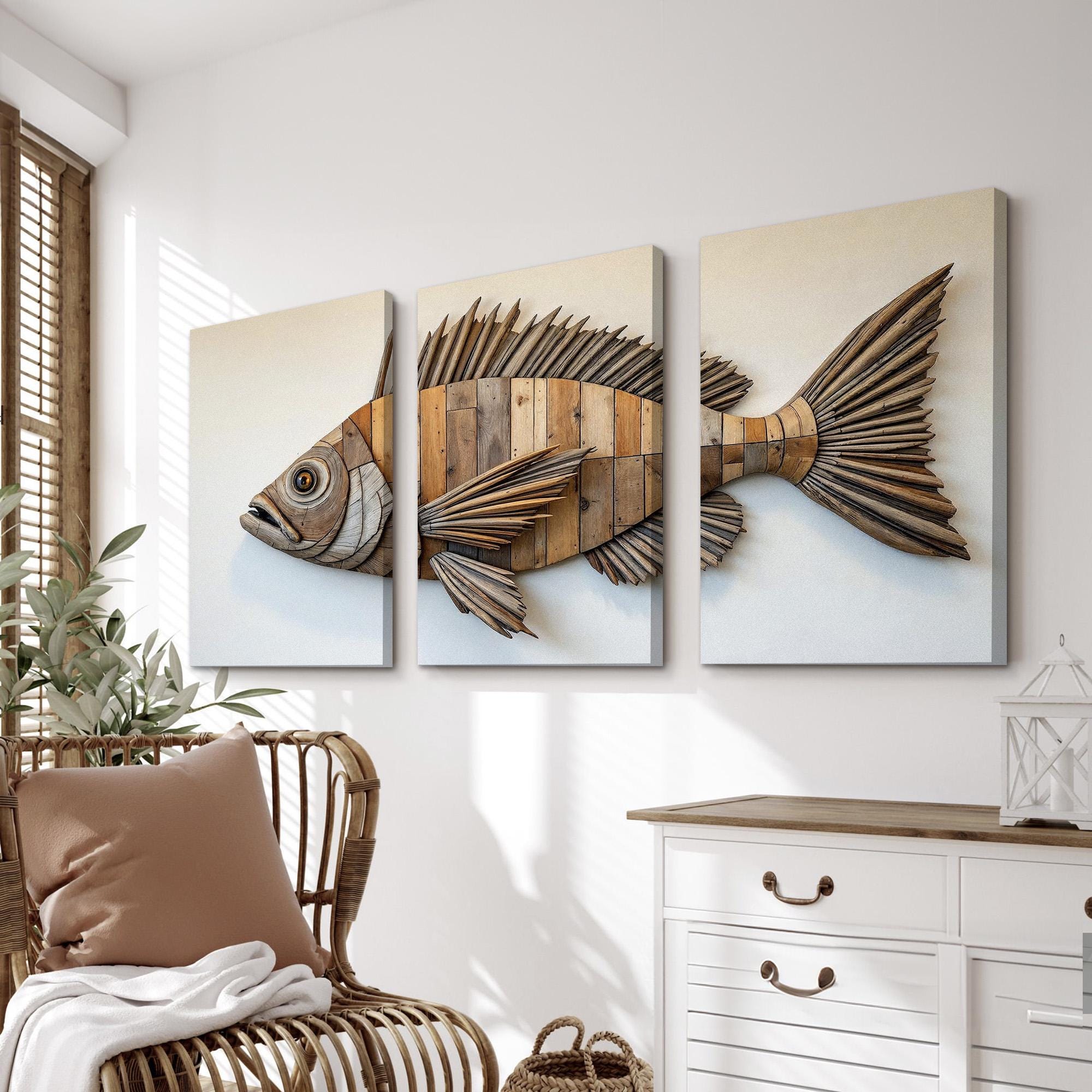 Coastal Fish Wall Art Set of 3 | Rustic Wooden Plank Fish Sculpture ...