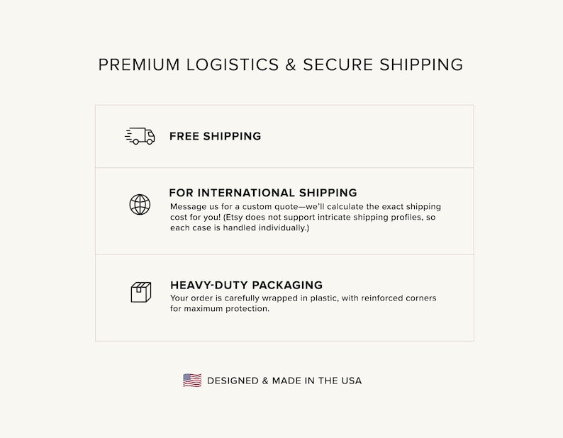 May include: Image with text: PREMIUM LOGISTICS & SECURE SHIPPING. Includes icons and text for FREE SHIPPING, FOR INTERNATIONAL SHIPPING, and HEAVY-DUTY PACKAGING. Text: DESIGNED & MADE IN THE USA, with a US flag.