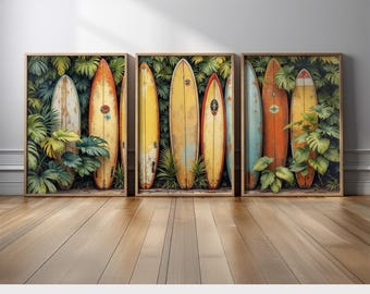 Tropical Surfboard Wall Art Set of 3 | Coastal Vintage Canvas Prints | Summer Beach House Decor | Surf Triptych Wall Art for Living Room