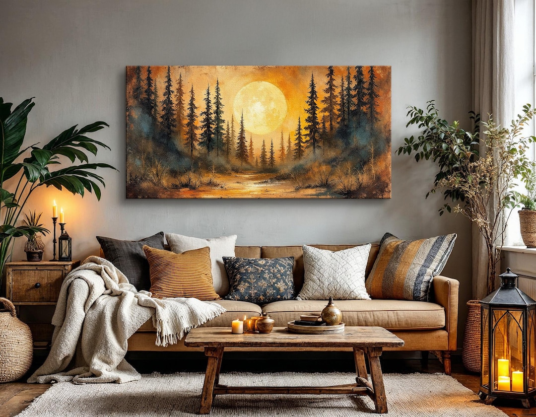 Moody Forest Landscape Wall Art, Full Moon Over Pine Trees Painting ...