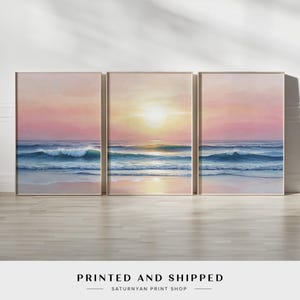 Ocean Sunset Wall Art Prints - Set of 3 Serene Beach Waves and Sun for Coastal Decor, Beautiful and Relaxing Scene for Modern Decor