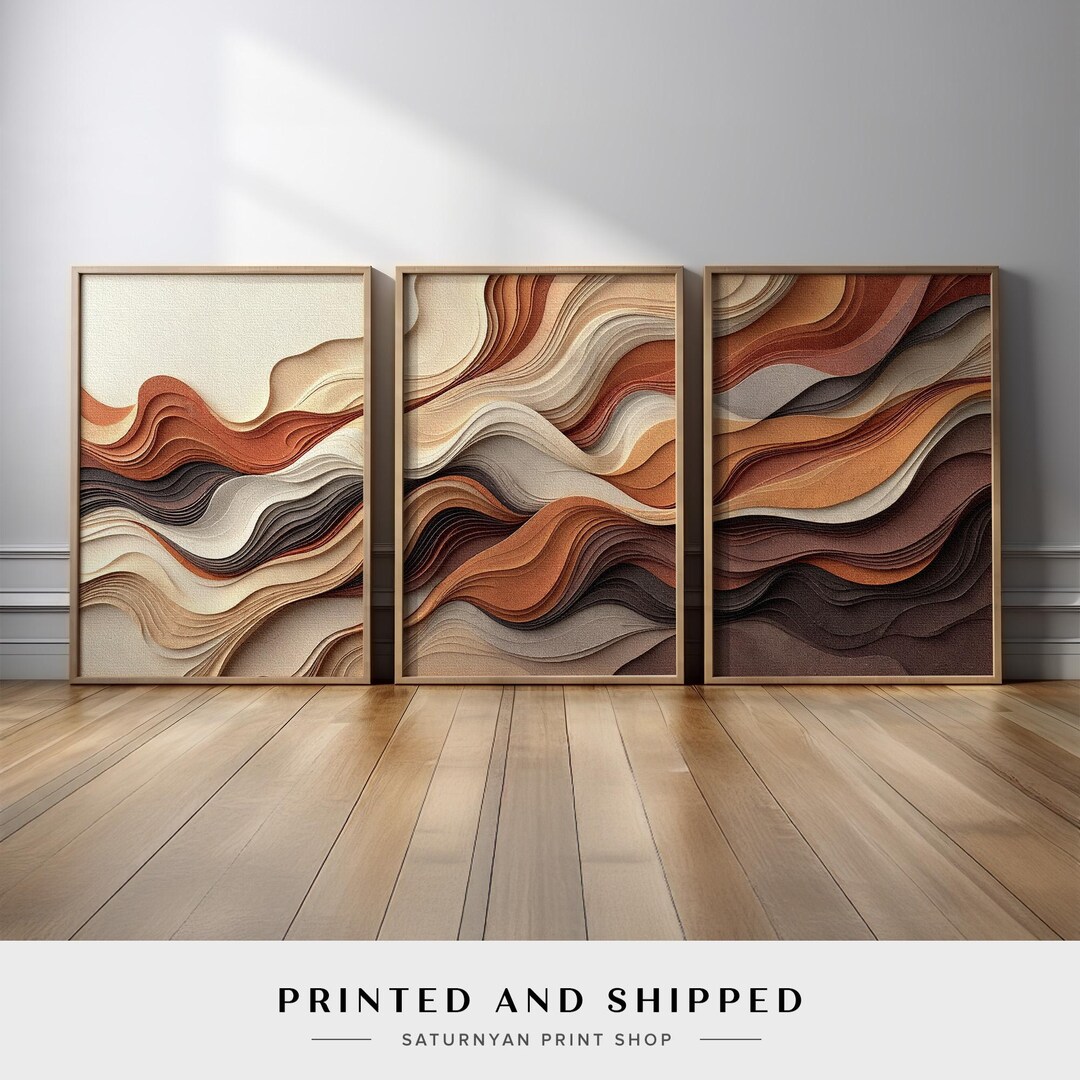Earth Tone Abstract Wall Art Set of 3 | Neutral Layered Wave Triptych