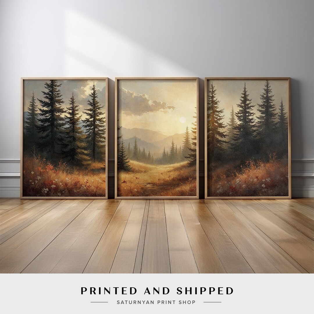 Rustic Pine Forest Wall Art Set | Golden Sunset Mountain Landscape ...