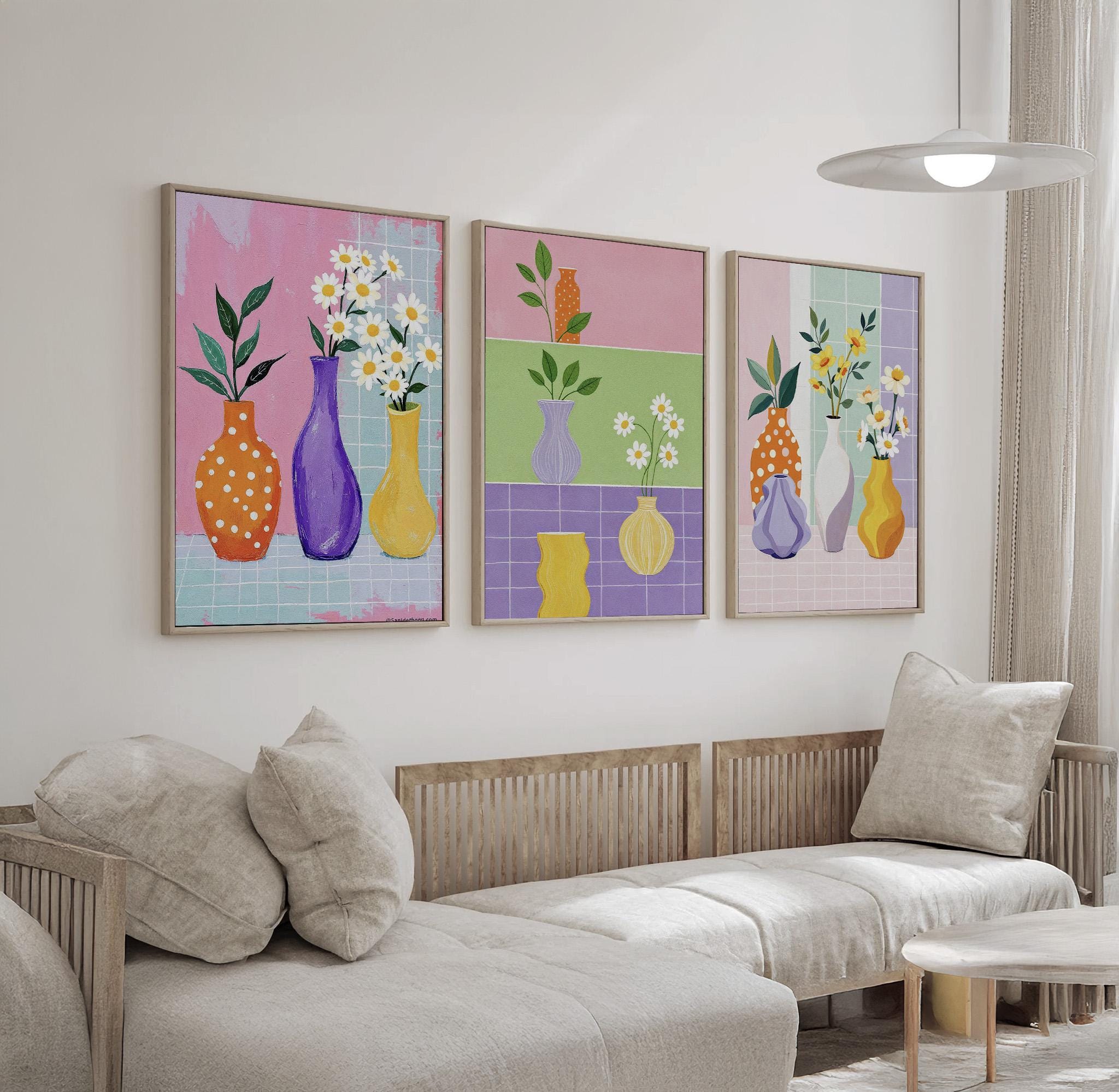 Colorful Floral Vase Wall Art Set of 3 | Modern Daisy Flower Prints for ...