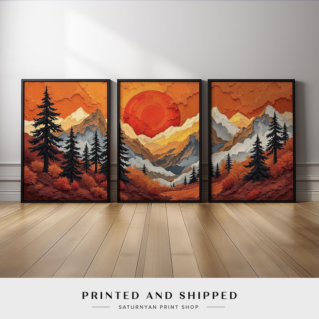 Mountain Wall Art Set of 3 | Autumn Landscape Triptych With Pine Forest ...