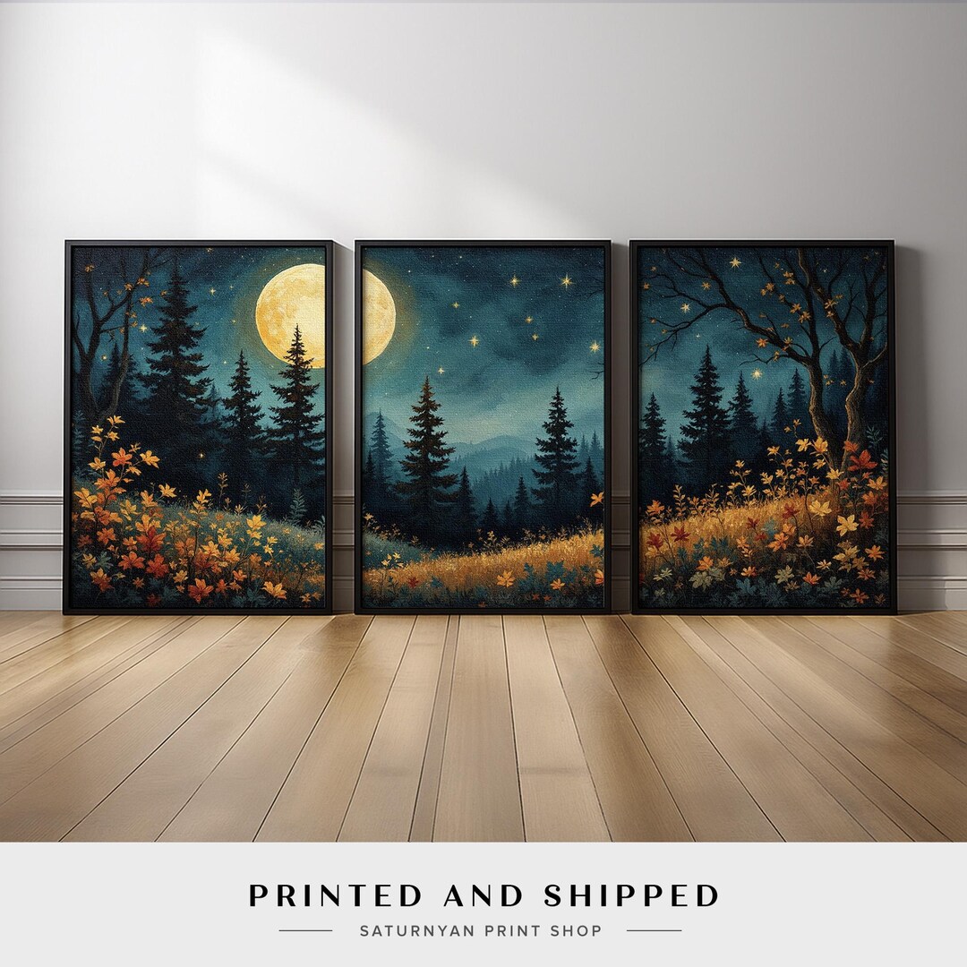 Night Sky Forest Canvas Wall Art Set of 3 | Fall Foliage and Moonlight ...