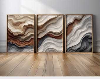 Neutral Earth Tone Abstract Wall Art Set of 3 | Flowing landscape Canvas Prints in Cream, Tan, Charcoal, and Brown | Modern Rustic Decor